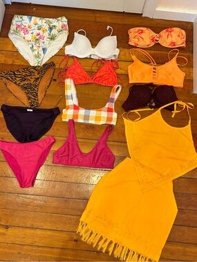 Size S Mixed Bikini & Beach Cover-up Lot - Bright Orange, Pink, White, Floral